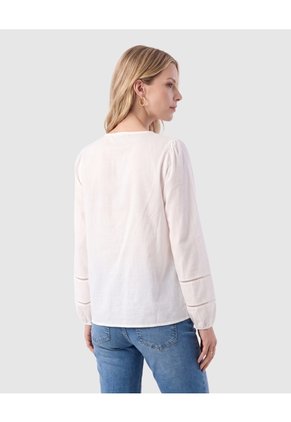 Blusa Cuello En V Detalles Calados Mujer  Blanco Patprimo