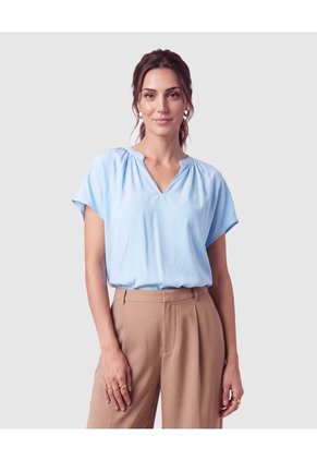 Blusa Cuello V Manga Corta Mujer Azul Patprimo