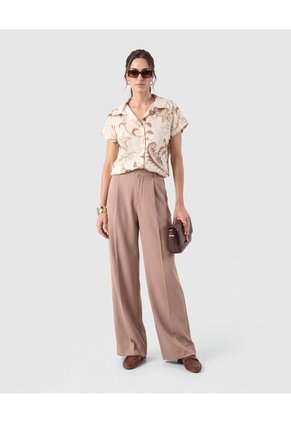 Camisa Manga Corta Cuello Solapa Para Mujer Crema Patprimo