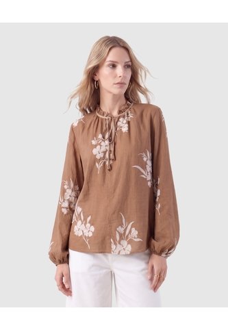Blusa Con Cuello De Volantes Y Manga Globo  Café Patprimo Patprimo