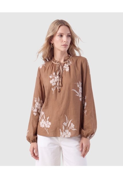 Blusa Con Cuello De Volantes Y Manga Globo  Café Patprimo