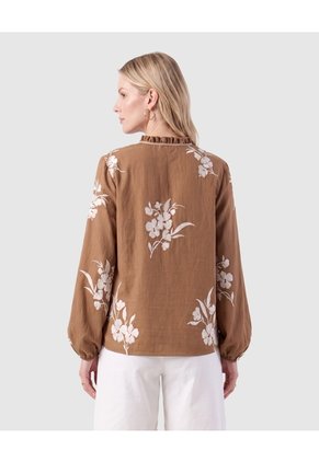 Blusa Con Cuello De Volantes Y Manga Globo  Café Patprimo