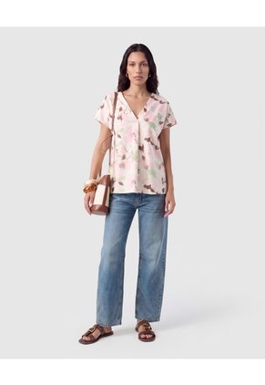 Camiseta Estampada Escote En V Para Mujer Rosa Patprimo