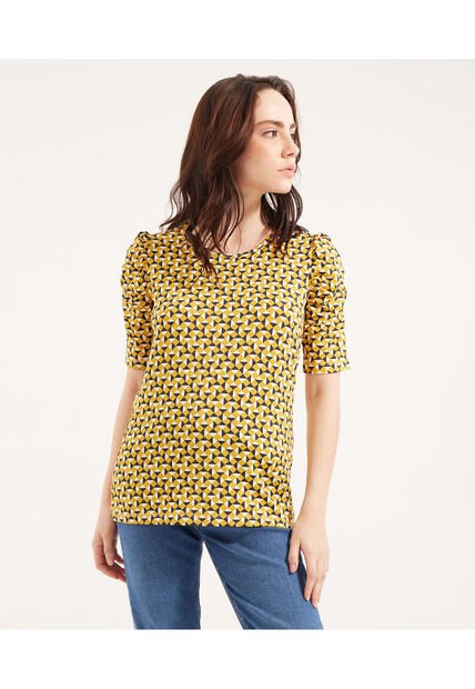 Camiseta Estampada Manga Corta Con Ruche  Para Mujer Amarillo Patprimo