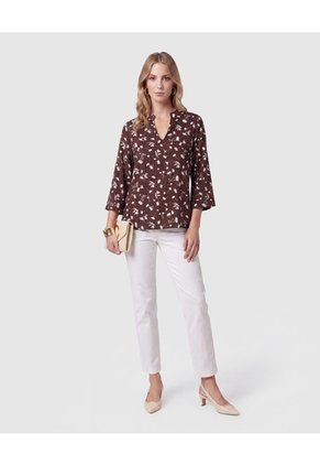 Blusa Estampada Con Cuello En V Para Mujer Para Mujer Café Patprimo