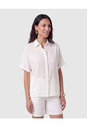 Camisa Mujer Manga Corta Con Botones Ocultos Para Mujer Blanco Patprimo