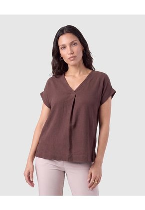 Blusa Con Cuello En V Y Pliegue Mujer Para Mujer Café Patprimo