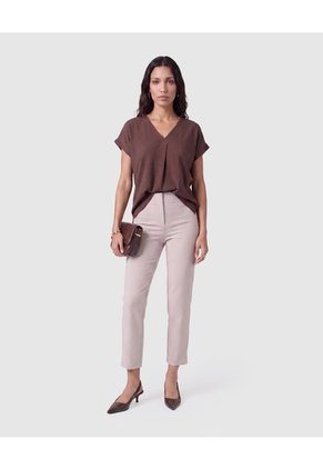 Blusa Con Cuello En V Y Pliegue Mujer Para Mujer Café Patprimo