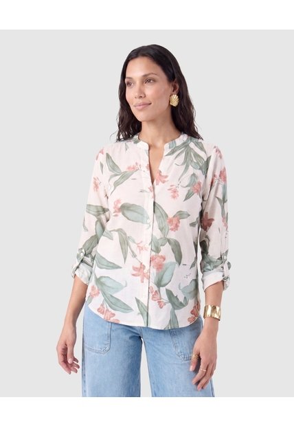 Blusa Mujer Manga 3/4 Con Estampado Y Cuello Mao  Para Mujer Crema Patprimo