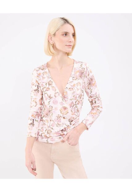 Camiseta Para Mujer Manga Larga Cuello V Color Crema Marca Patprimo #30093770