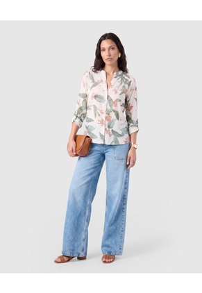 Blusa Mujer Manga 3/4 Con Estampado Y Cuello Mao  Para Mujer Crema Patprimo