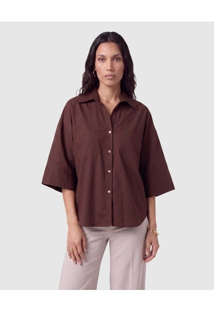 Camisa Mujer Manga 3/4 Unicolor Con Bolsillos  Para Mujer Café Patprimo