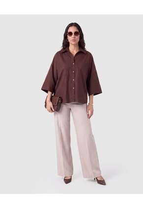 Camisa Mujer Manga 3/4 Unicolor Con Bolsillos  Para Mujer Café Patprimo