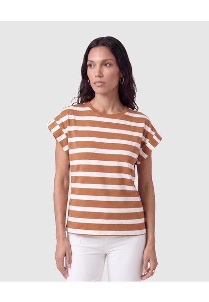 Camiseta A Rayas Con Manga Dobladillo Para Mujer  Para Mujer Café Patprimo