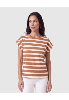 Camiseta A Rayas Con Manga Dobladillo Para Mujer Para Mujer Café Patprimo