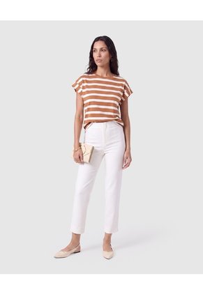 Camiseta A Rayas Con Manga Dobladillo Para Mujer Para Mujer Café Patprimo
