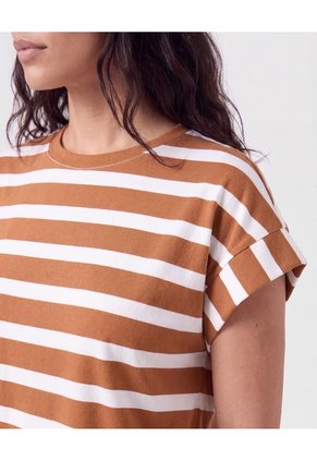 Camiseta A Rayas Con Manga Dobladillo Para Mujer Para Mujer Café Patprimo