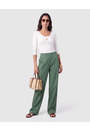 Pantalón Amplio Mujer Con Pliegues Frontales Para Mujer Verde Patprimo