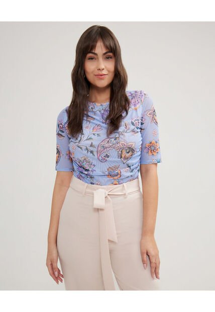 Camiseta Estampada Manga Corta, Escote Redondo, Con Recogidos En Hombros Y Laterales.  Para Mujer Morado Patprimo