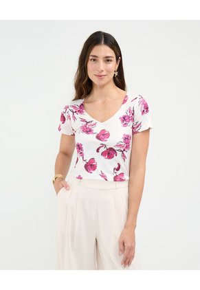 Camiseta Para Mujer Manga Corta Cuello V Color Blanco Marca Patprimo #30093663