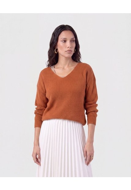 Saco Tejido En Rib Con Cuello En V   Para Mujer Naranja Patprimo