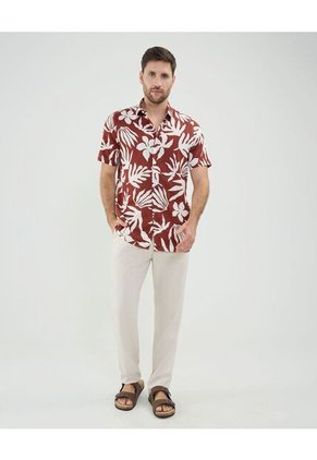 Camisa Estampada En Efecto Lino  Para Hombre Naranja Patprimo