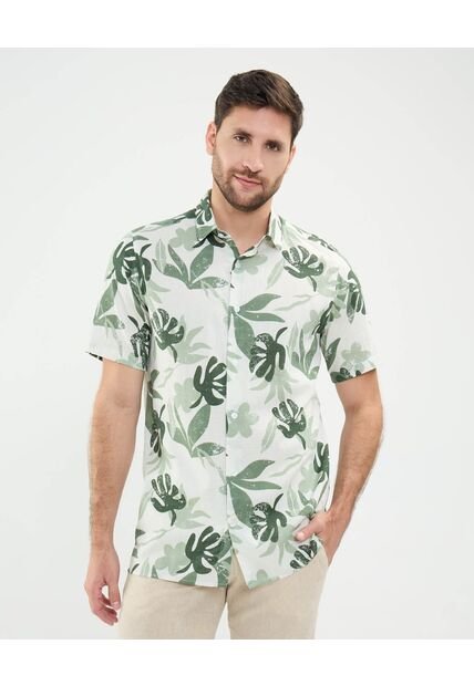 Camisa Estampada En Efecto Lino  Para Hombre Verde Patprimo