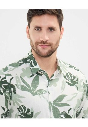 Camisa Estampada En Efecto Lino  Para Hombre Verde Patprimo