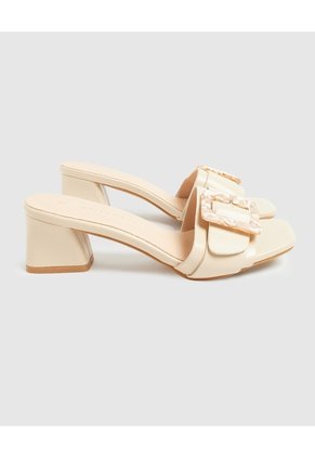 Sandalias Tacón Bloque Con Hebilla Para Mujer Crema Patprimo