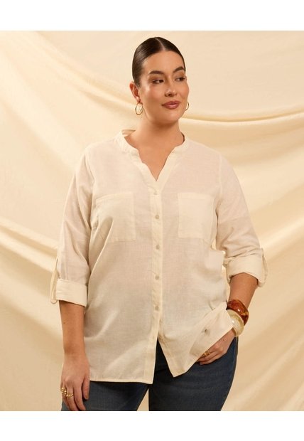 Blusa Unicolor Con Bolsillos  Curvy  Para Mujer Beige Patprimo