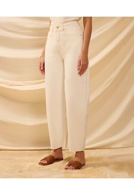 Jeans Barrel Tiro Alto Deshilachado   Para Mujer Crema Patprimo