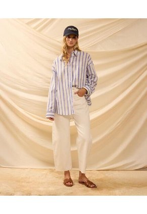 Jeans Barrel Tiro Alto Deshilachado   Para Mujer Crema Patprimo