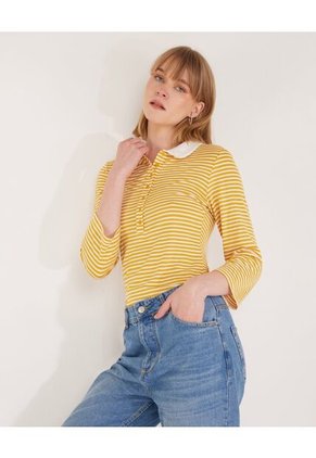 Polo Preteñida A Rayas, Manga 3/4 Con Cuello Duro Y Pechera Unicolor Para Mujer Amarillo Patprimo