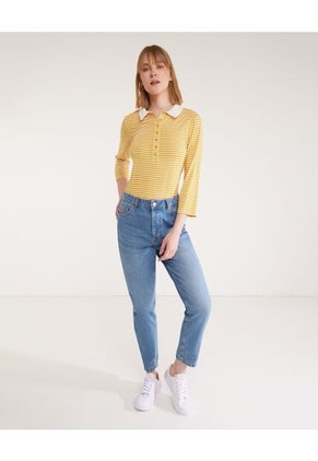 Polo Preteñida A Rayas, Manga 3/4 Con Cuello Duro Y Pechera Unicolor Para Mujer Amarillo Patprimo
