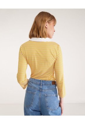 Polo Preteñida A Rayas, Manga 3/4 Con Cuello Duro Y Pechera Unicolor Para Mujer Amarillo Patprimo