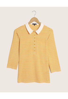 Polo Preteñida A Rayas, Manga 3/4 Con Cuello Duro Y Pechera Unicolor Para Mujer Amarillo Patprimo
