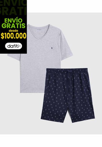 Pijama De Dos Piezas Con Camiseta Cuello En V Y Short Estampado  Para Hombre Gris Patprimo Patprimo