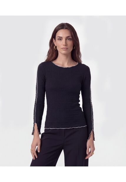 Camiseta Manga Larga Con Ondas   Para Mujer Negro Patprimo