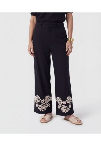 Pantalón Fluido Con Bordado   Para Mujer Negro Patprimo Patprimo