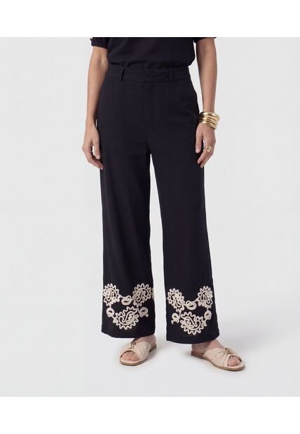 Pantalón Fluido Con Bordado   Para Mujer Negro Patprimo