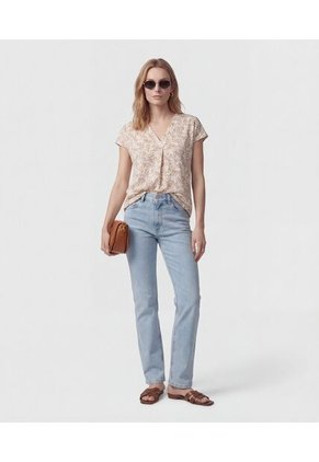 Camiseta Cuello En V Con Prense   Para Mujer Beige Patprimo