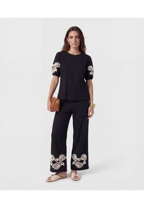 Pantalón Fluido Con Bordado   Para Mujer Negro Patprimo