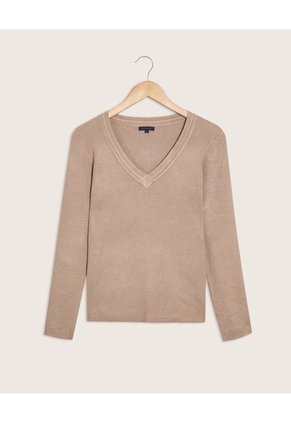 Saco Tejido Cuello En V   Para Mujer Beige Patprimo
