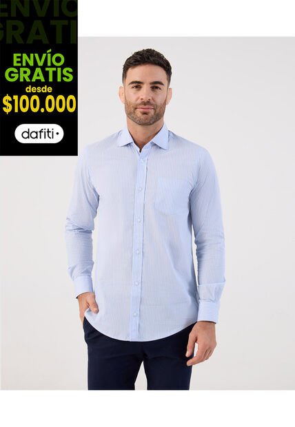 Camisa De Rayas Manga Larga   Para Hombre Azul Patprimo