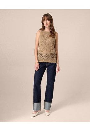 Camiseta Tejida En Punto Calado Para Mujer Para Mujer Café Patprimo