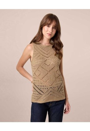 Camiseta Tejida En Punto Calado Para Mujer Para Mujer Café Patprimo