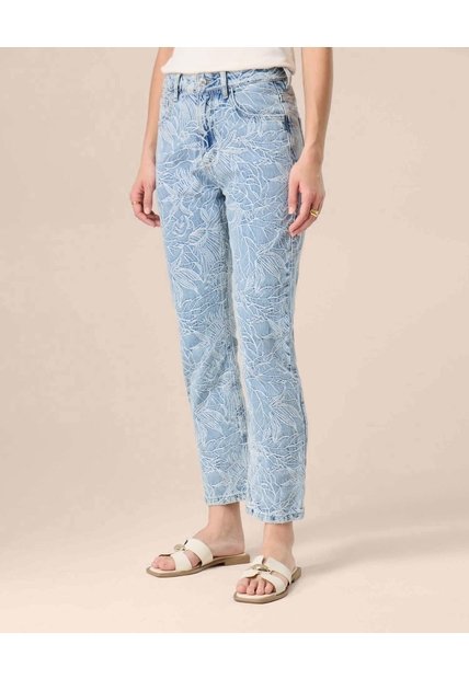 Jeans Straight Con Bordado Floral Para Mujer  Para Mujer Azul Patprimo