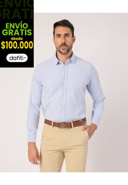 Camisa Manga Larga Unicolor   Para Hombre Azul Patprimo