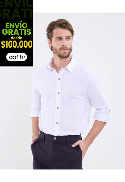 Camisa Manga Larga Con Charretera  Para Hombre Blanco Patprimo
