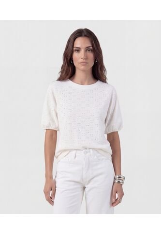 Camiseta Manga Globo Con Ojalillo   Para Mujer Blanco Patprimo Patprimo